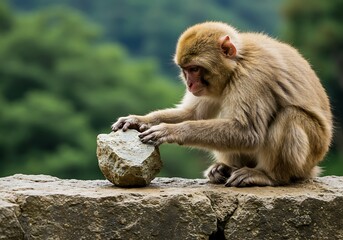 Thoughtful primate: a japanese macaque contemplates a rock on a stone ledge outdoors