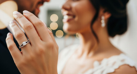 Wedding day portrait featuring happy couple, showing ring. Wedding preparation includes joyful pair, sharing love and vows, with focus on engagement ring.