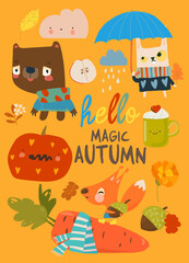 Cartoon Set with funny Animals and Autumn Elements