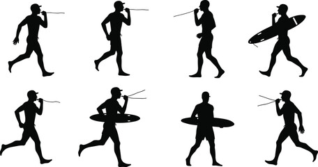 Surfer silhouettes carrying surfboards on beach, surfing, paddle boarding, water sports, recreation, summer vacation, outdoor lifestyle, black and white vector icons set