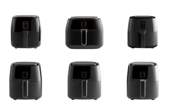Black air fryers arranged in two rows isolated on transparent background. Collection set of black air fryers isolated on white background.