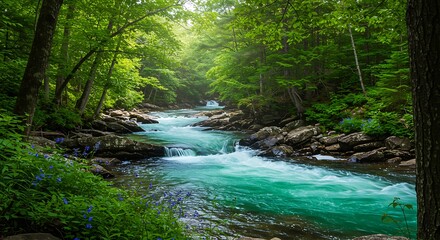 Obraz premium Tranquil river flowing through a lush green forest landscape on a sunny day adventure