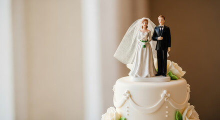 Bride and groom figurines atop wedding cake with white frosting and delicate details create romantic wedding scene. Bride and groom represent union and commitment.