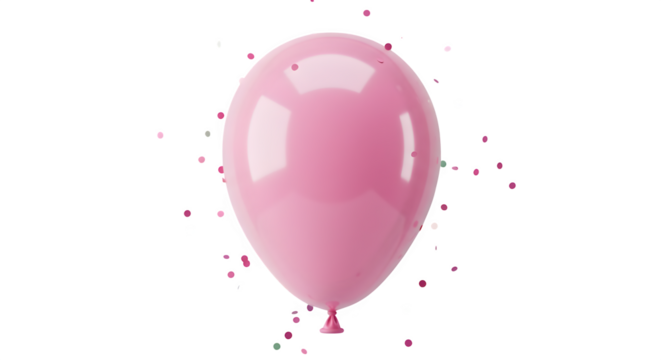 Pink balloon floats with confetti on dark backdrop. This celebration balloon serves well for party invites, greeting cards, or social media designs.