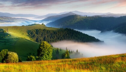 Morning Fog On Country Foothills Above Opir And Stryi Rivers And Slopes Of The Carpathian Mountains In Far Ukraine