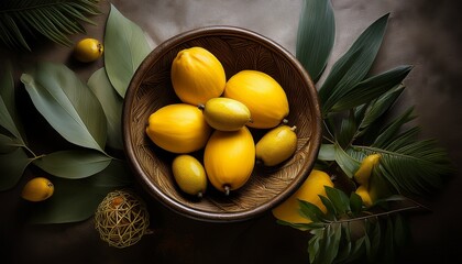 A Bowl Of Yellow Fruits Surrounded By Foliage And Decorative Objects In A Natural Setting