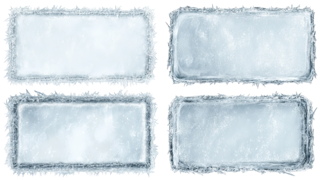 Frosted rectangular ice frames set with textured edges isolated transparent png high resolution winter borders glass effect clipart for photo frames cards posters web headers and seasonal design