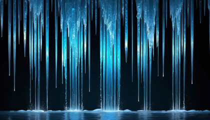 Icicles dripping water into a pool of water with a dark blue background