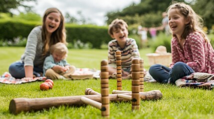 Fototapeta premium Rustic croquet set displayed at a family picnic with games in progress and children laughing picnic blankets nearby and a relaxed joyous atmosphere among family members