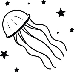 space jellyfish glowing among stars illustration on transparent background