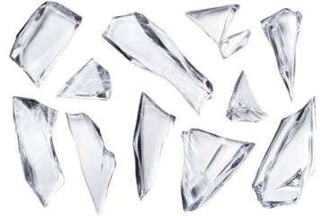 Collection of sharp white shards isolated on transparent background. Collection set of broken glass shards isolated on white background.