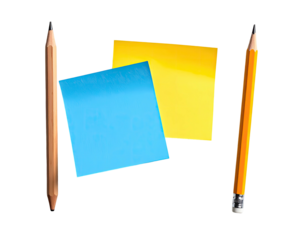 Two pencils framing two sticky notes, blue and yellow, isolated on black