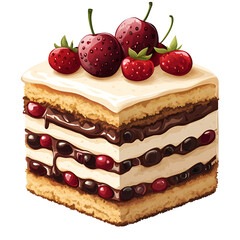 Layered cake slice with frosting and berries