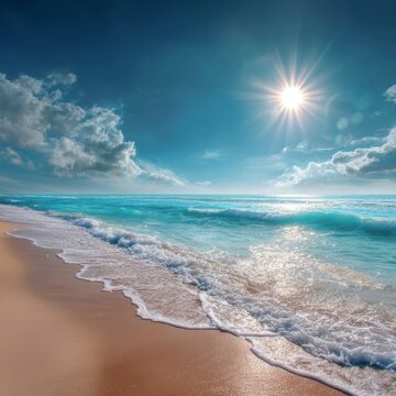 A sunny beach with crystal-clear turquoise water, waves gently lapping the shore, and a bright sun in the sky