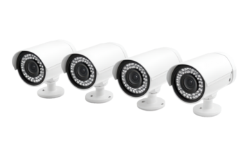 Security cameras arranged in a row isolated on transparent background. Collection set of CCTV cameras isolated on white background.