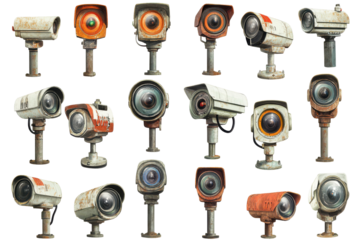 Collection of various surveillance cameras isolated on transparent background. Collection set of CCTV cameras isolated on white background.