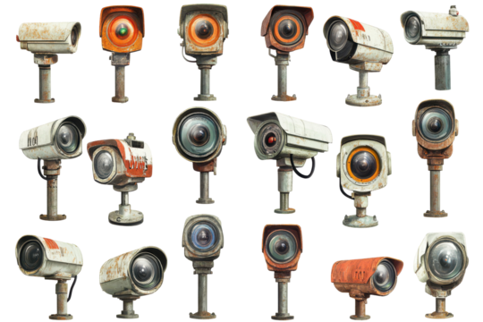 Collection of various surveillance cameras isolated on transparent background. Collection set of CCTV cameras isolated on white background.