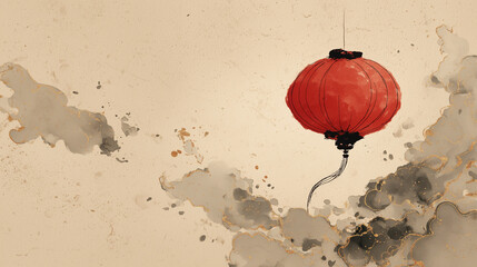Red Lantern Hanging with Gold Ink Splatter. Minimalist Design for Lunar New Year.