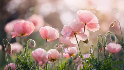 Beautiful Pink Poppies Against A Dreamy Background With Soft Bokeh And Botanical Elements In Nature Scene