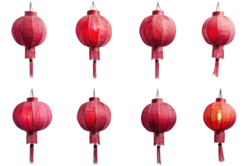 Collection of traditional red chinese lanterns hanging isolated on transparent background. Collection set of chinese red lanterns isolated on white background.
