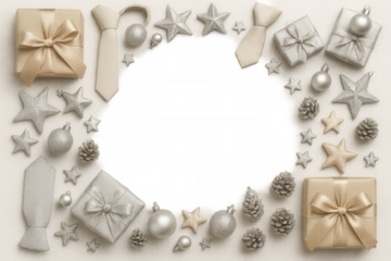 Father's day, christmas, new year's, special occasion elegant gift frame with ties, pine cones, stars, ornaments