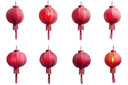 Collection of traditional red chinese lanterns hanging isolated on transparent background. Collection set of chinese red lanterns isolated on white background.