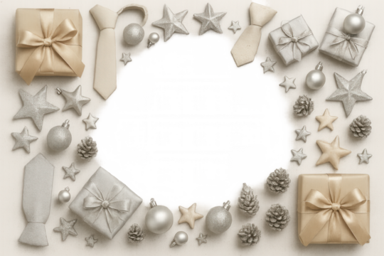 Father's day, christmas, new year's, special occasion elegant gift frame with ties, pine cones, stars, ornaments