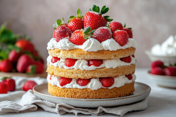 Fresh strawberry shortcake with layers of sponge cake, whipped cream, and whole and sliced strawberries on a rustic plate, featuring a bright, festive, and appealing look