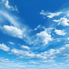 Obraz premium A captivating view of fluffy white clouds floating against a clear blue sky. The clouds create dynamic patterns, evoking feelings of tranquility and freedom
