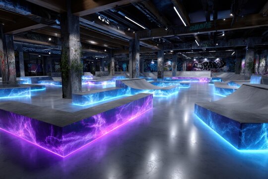 Neon-lit indoor skatepark with modern ramps and graffiti decor in urban environment at night