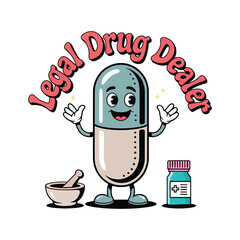Cartoon Pill Character with Mortar Pestle and Medicine Bottle