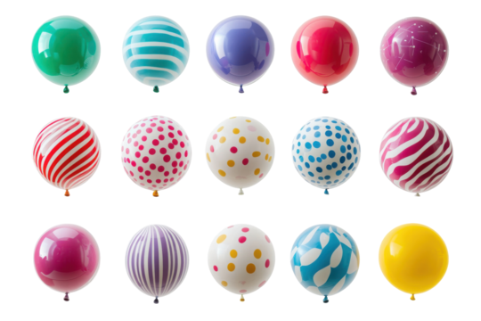 Collection of colorful balloons arranged in rows isolated on transparent background. Collection set of colorful balloons isolated on white background. - Powered by Adobe
