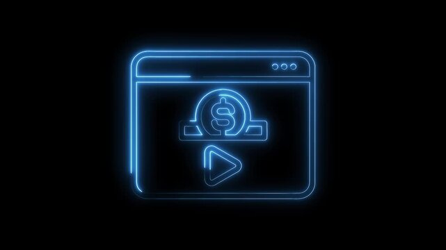 Neon style online earning concept digital monetization dollar sign and play icon on webpage