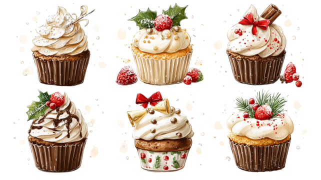 Cute cupcakes set with cream and new year decorations isolated high resolution festive dessert sweets with frosting sprinkles candy canes stars and winter holiday toppers for cards packaging and party