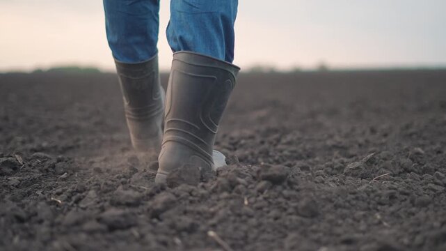 Close-up of man walking through dry field in boots. Walking leaves trail on plowed soil. Field stretches into distance. Man crosses rural area. Walking movement shows activity on empty farming field