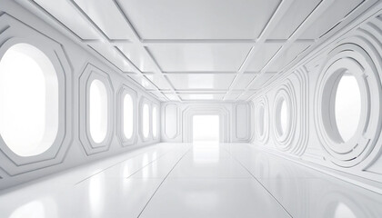Futuristic white corridor with oval windows and bright light at the end