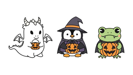 Halloween Characters: A charming gathering of whimsical characters, each in unique Halloween costume, is ready for the spooky season