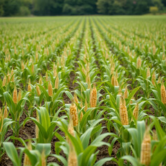 Fototapeta premium field of young corn in the period of throwing volost. even rows. Healthy plants