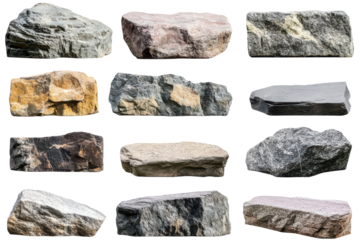 Collection of rough natural stone rocks isolated on transparent background. Collection set of flat rocks stone podium for display product isolated on white background.