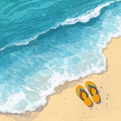A pair of yellow flip-flops resting on the shore with ocean waves gently washing over the sand. A calming coastal scene perfect for relaxation