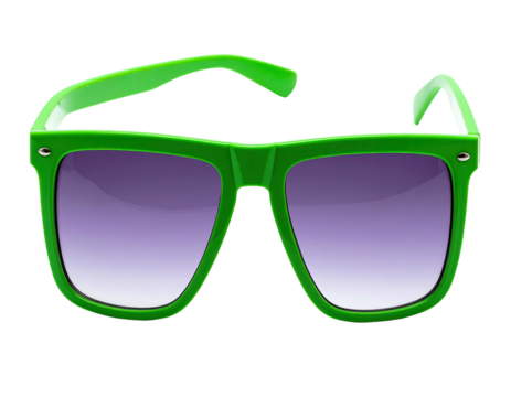 Bright green framed sunglasses with purple lenses against a black background