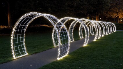 Illuminated arched pathway on green lawn at night