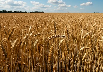 Vast golden wheat field under a bright blue sky with scattered white clouds