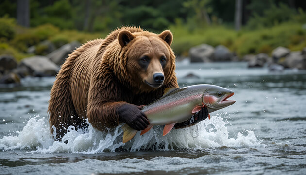 Brown bear catching a salmon in a river surrounded by green vegetation