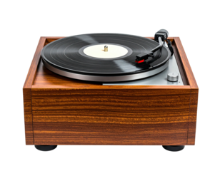 Wooden record player in perfect condition with black vinyl playing