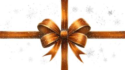 Golden ribbon bow on transparent orange gift box with subtle white snowflakes on pure black background elegant luxury holiday packaging festive christmas winter gift presentation close up
