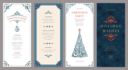 Obraz na płótnie Canvas Christmas floral templates 4x9. Universal Winter Holiday cards with decorative Christmas Tree, Christmas ornament, snowflakes background, ornate frames with copy space and greetings. Vector.