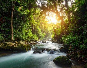 Obraz premium Lush jungle stream bathed in sunlight (1)