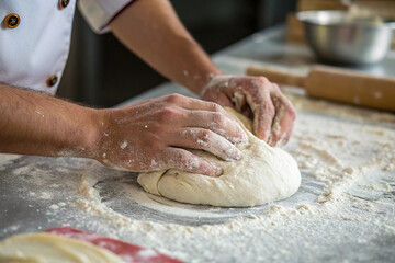 Fototapeta premium Chef or Baker Kneading Bread Dough on a Floured Kitchen Counter