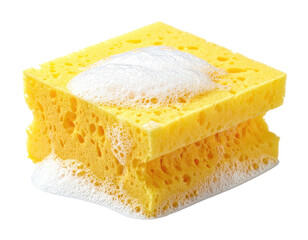 A wet, porous yellow cleaning tool layered with white, soapy bubbles